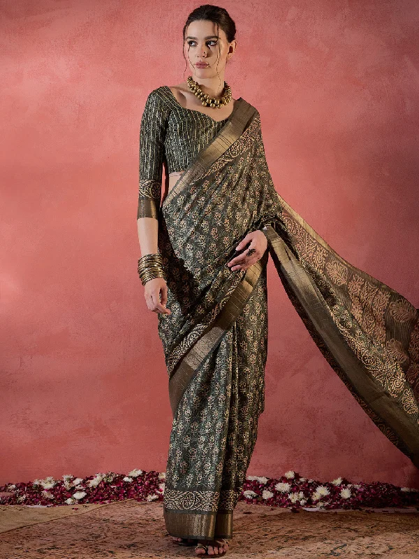 Women's Silk Blend Olive Printed Designer Saree With Blouse Piece Off-Shoulder Wrap Blouse