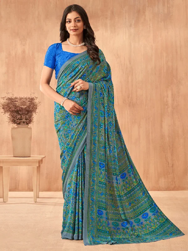 Women's Crepe Blue Printed Designer Saree With Blouse Piece Classic White Blouse