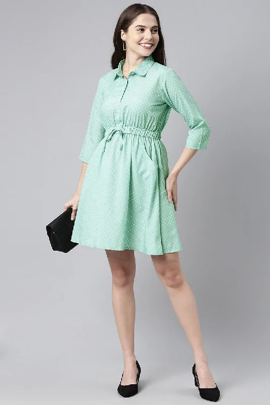 Ahika Green Crepe Polka Dot Mini Dress Comfortable Fit-and-Flare Mini Dress