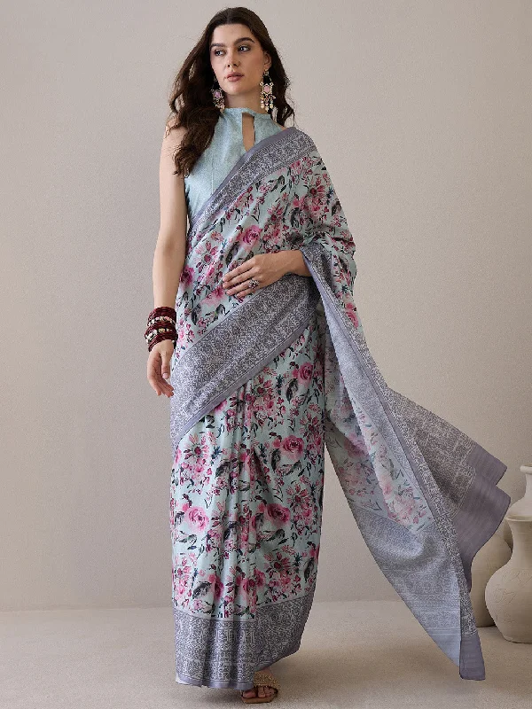 Women's Silk Blend Turquoise Blue Printed Designer Saree With Blouse Piece Office Formal Blouse
