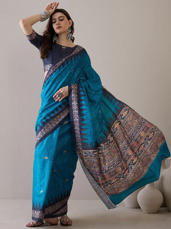 Women's Silk Blend Navy Blue Printed Designer Saree With Blouse Piece Oversized Silk Blouse