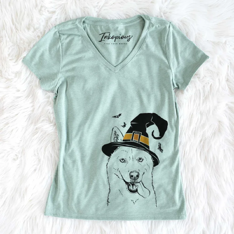 Witch Sinatra  the Siberian Husky - Women's V-neck Shirt-- Sequined Glittery Shiny