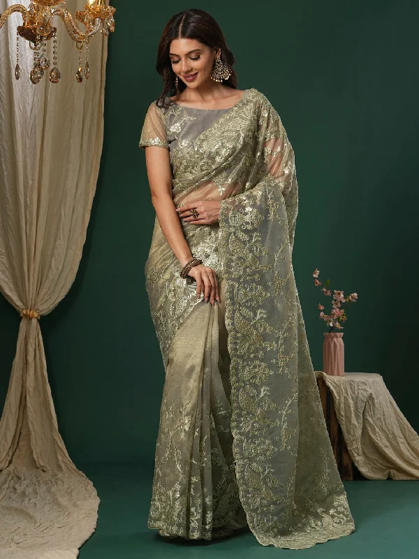 Women's Organza olive Embroidered Designer Saree With Blouse Piece Embellished Collar Blouse