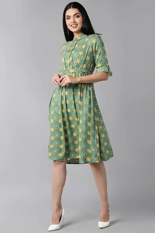 Ahika Green Cotton Floral Print Mini Dress Comfortable Shift Mini Dress