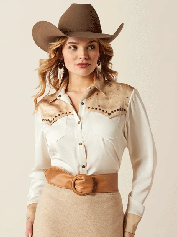 Ariat 10053974 Womens Wildhorse Shirt Summer Sand Ivory-- Satin Fabric Silk Fabric Chiffon Fabric