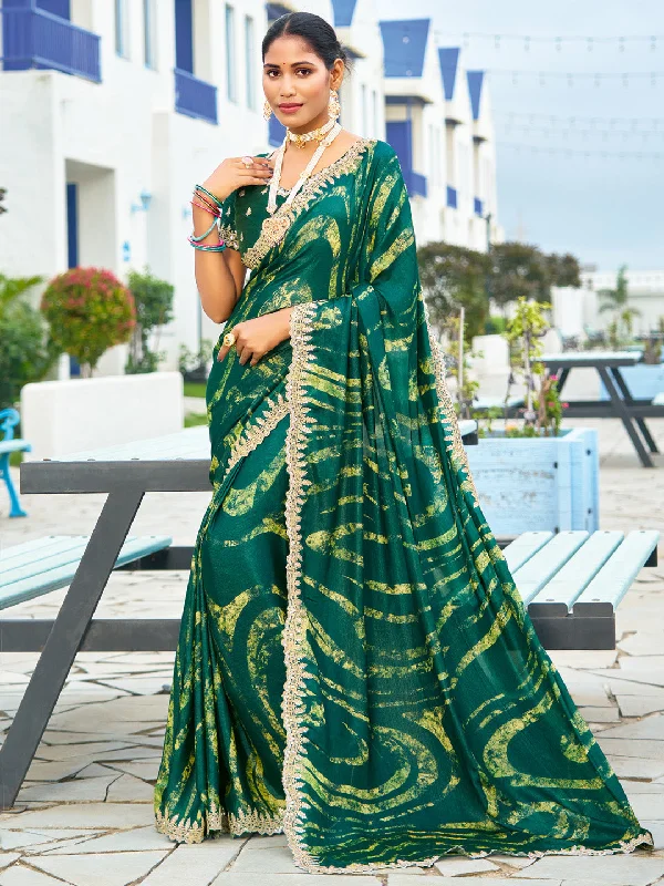 Women's Chiffon Green Embellished Designer Saree With Blouse Piece Chic Sleeveless Blouse