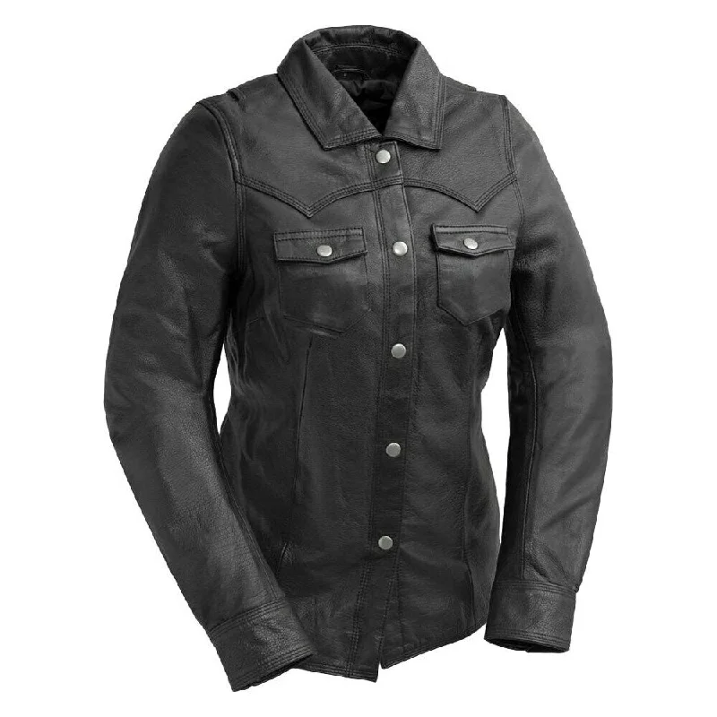 Onyx - Women's Leather Motorcycle Shirt FIL118SC-- Collared Crew Neck Turtle Neck