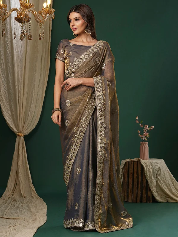 Women's Satin Silk Bronze Embroidered Designer Saree With Blouse Piece Lightweight Linen Blouse