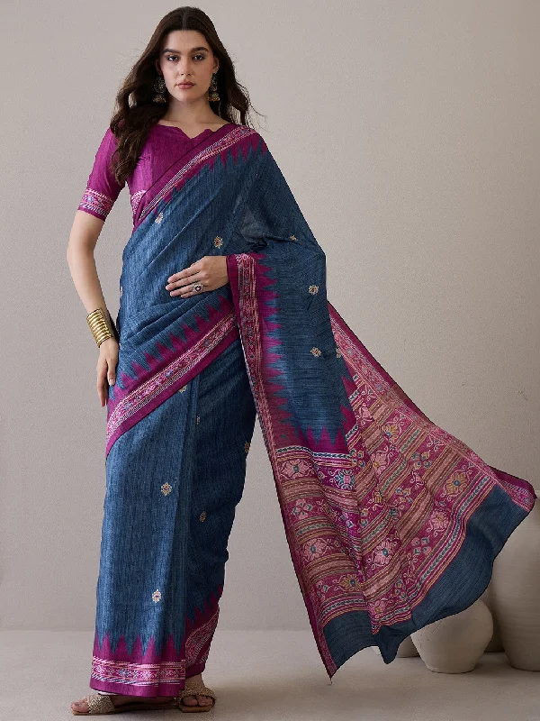 Women's Silk Blend Magenta Printed Designer Saree With Blouse Piece Semi-Sheer Blouse