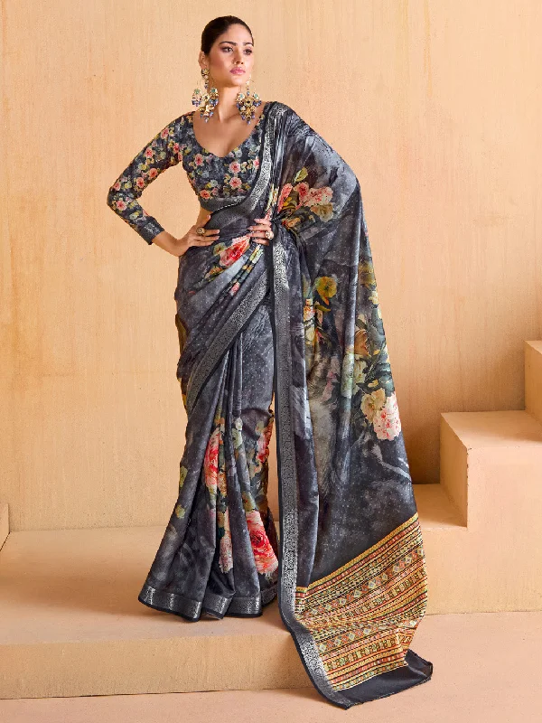 Women's Tussar Silk Grey Woven Design Designer Saree With Blouse Piece Embellished Collar Blouse