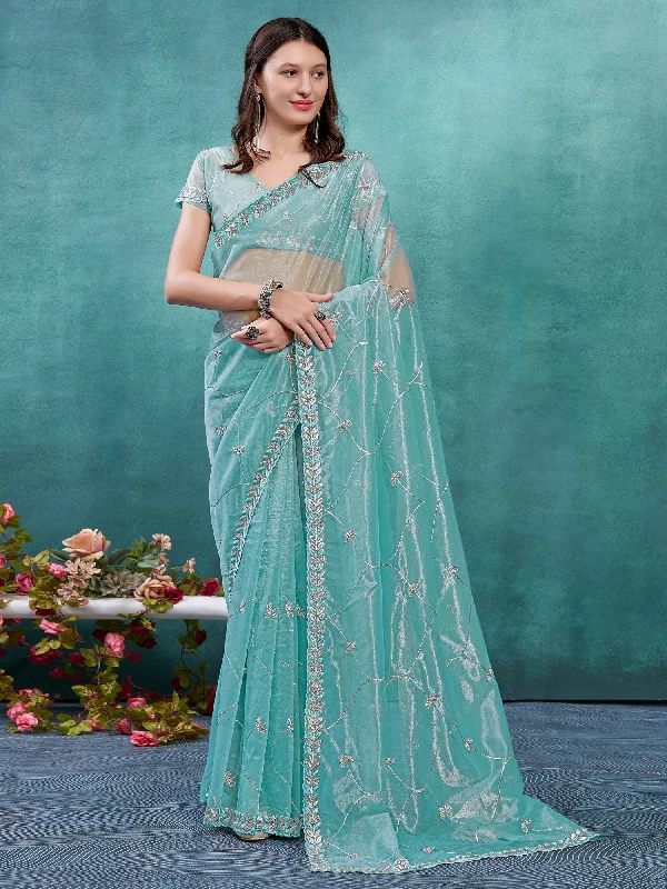 Women's Organza Turquoise Embellished Designer Saree With Blouse Piece Sleeveless Chiffon Blouse