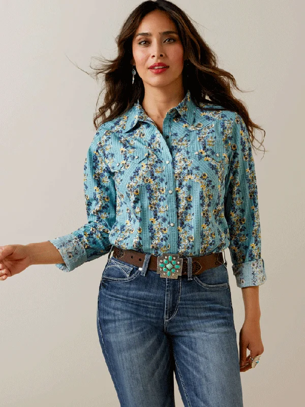 Ariat 10044873 Womens Annette Printed Shirt Turquoise-- Cotton Fabric Linen Fabric Terry Fabric