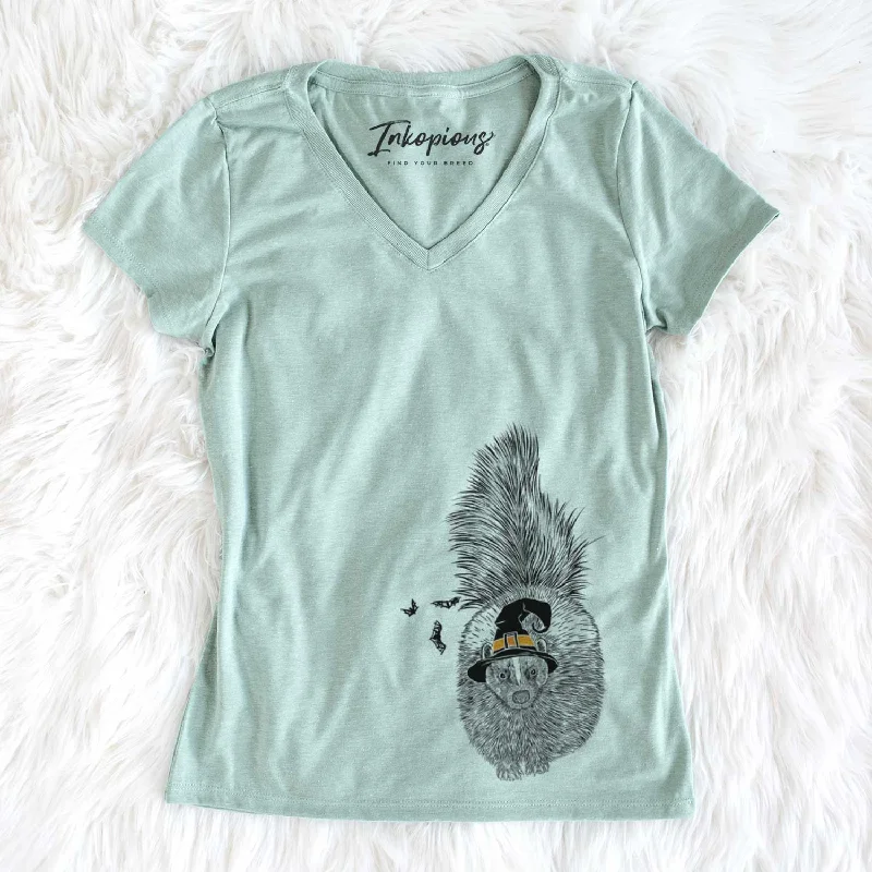 Witch Tibbs the Skunk - Women's V-neck Shirt-- Hooded Caped Shawl Collar