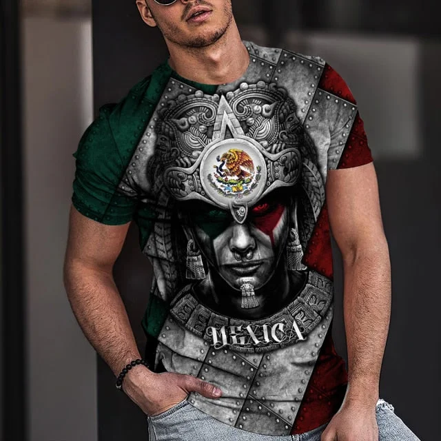 2022 Streetwear Fashion T-shirt Men's Short-sleeved Loose T-shirt Aztec Mexico Tattoo 3D Printing Slim Round Neck Tshirt Men-- Welt Pockets Slit Pockets Flap Pockets
