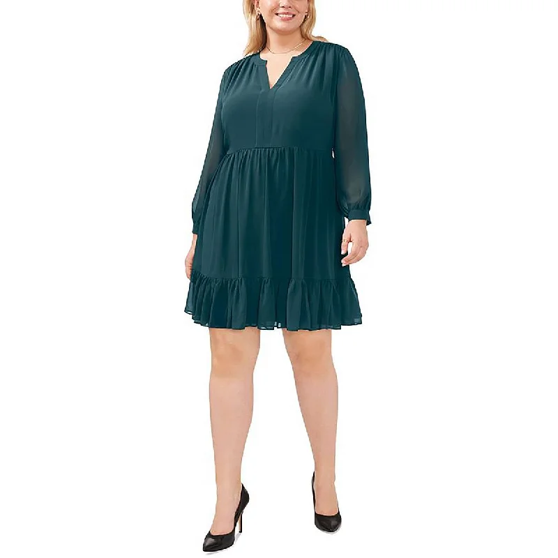 Plus Womens Split Neck Above Knee Mini Dress Chic Mini Dress with V-Neck