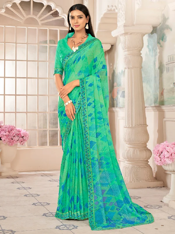 Women's Chiffon Sea Green Embellished Designer Saree With Blouse Piece Vintage Lace Blouse Women's Chiffon Sea Green Embellished Designer Saree With Blouse Piece Vintage Lace Blouse