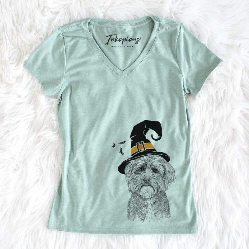 Witch Bingo the Mixed Breed - Women's V-neck Shirt-- Embroidered Appliqued Beaded