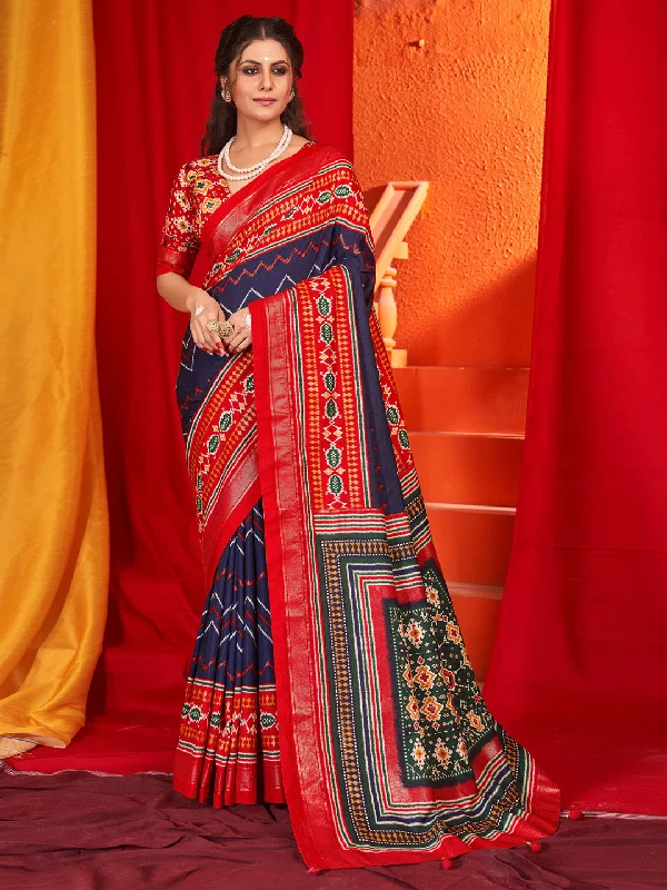 Women's Tussar Silk Red Printed Designer Saree With Blouse Piece Short Sleeve Blouse