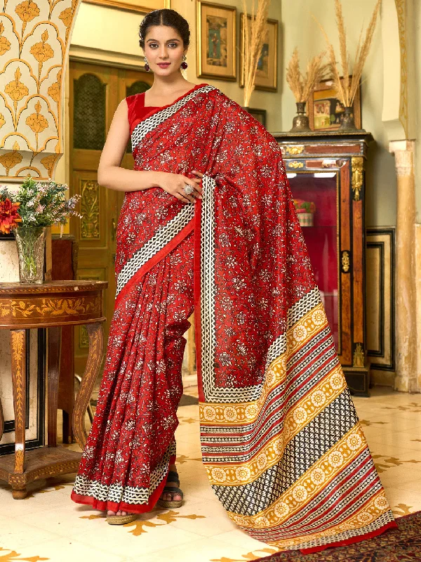 Women's Bhagalpuri Silk Red Printed Designer Saree With Blouse Piece Mandarin Collar Blouse