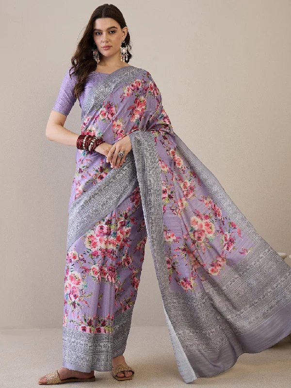 Women's Silk Blend Lavender Printed Designer Saree With Blouse Piece Drape Neck Blouse