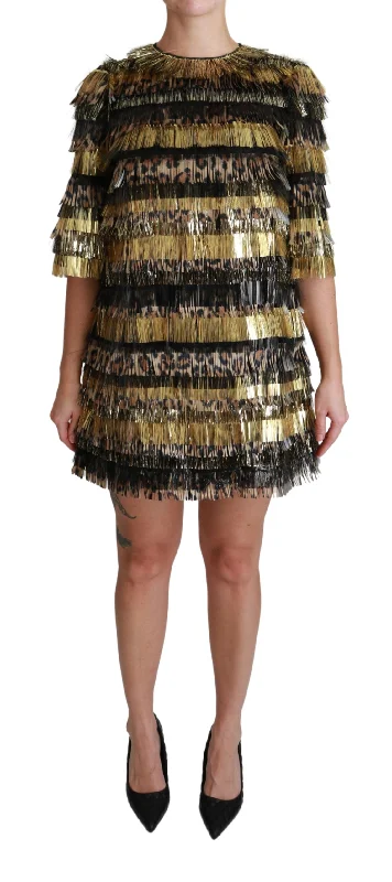Dolce & Gabbana  Leopard Print Fringe Dress     Short Sleeve Fringe Dress with Leopard Print     Mini Dress with Metallic Fringe and Leopard Print    Women's  Leopard Print Fringe Dress    Designer Dolce & Comfortable One-Shoulder Mini Dress