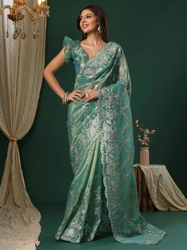 Women's Organza Teal blue Embroidered Designer Saree With Blouse Piece Silky Draped Blouse