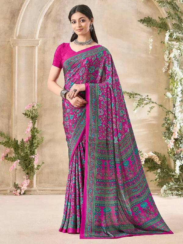 Women's Crepe Pink Printed Designer Saree With Blouse Piece Lightweight Chiffon Blouse