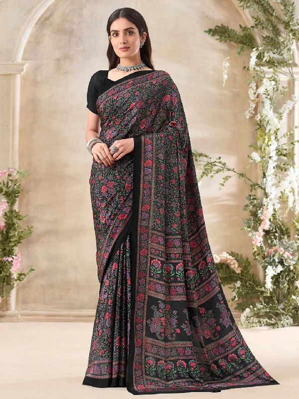 Women's Crepe Black Printed Designer Saree With Blouse Piece Feminine Tie Blouse