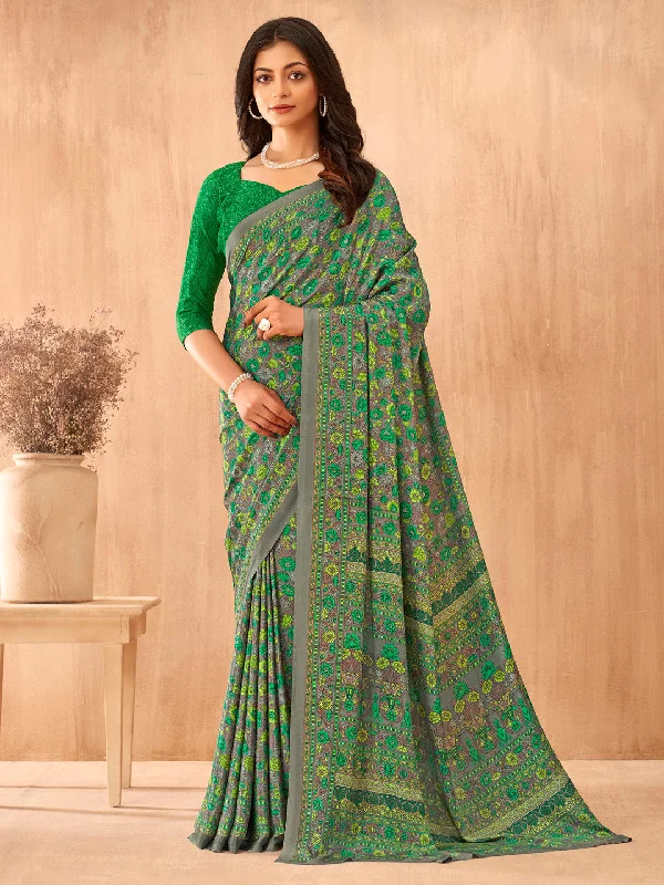 Women's Crepe Green Printed Designer Saree With Blouse Piece Mandarin Collar Blouse