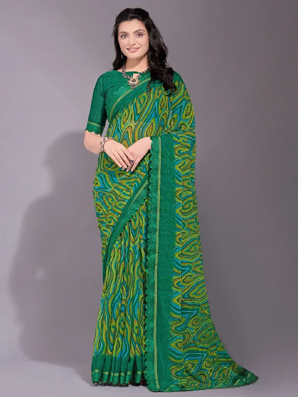 Women's Chiffon Green Printed Designer Saree With Blouse Piece Delicate Bow Blouse