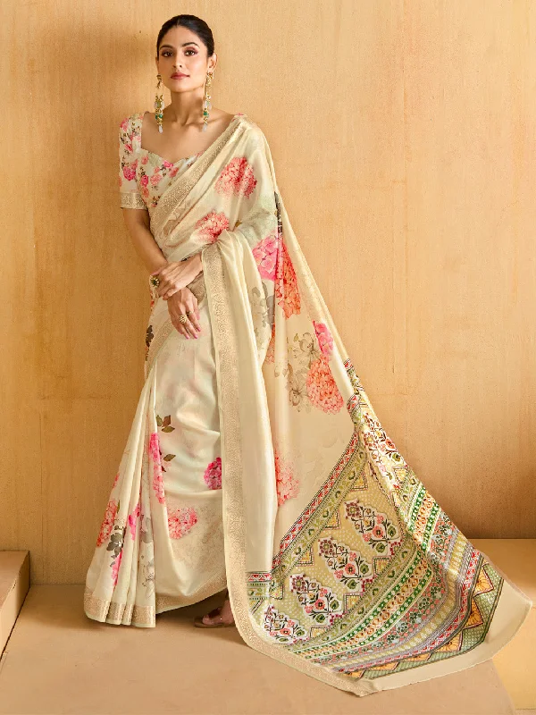 Women's Tussar Silk Cream Woven Design Designer Saree With Blouse Piece Chic Square Blouse