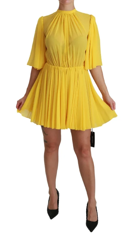 Dolce & Gabbana Silk Pleated A-line Mini Dress in Sunshine Women's Yellow Stylish Plaid Mini Dress