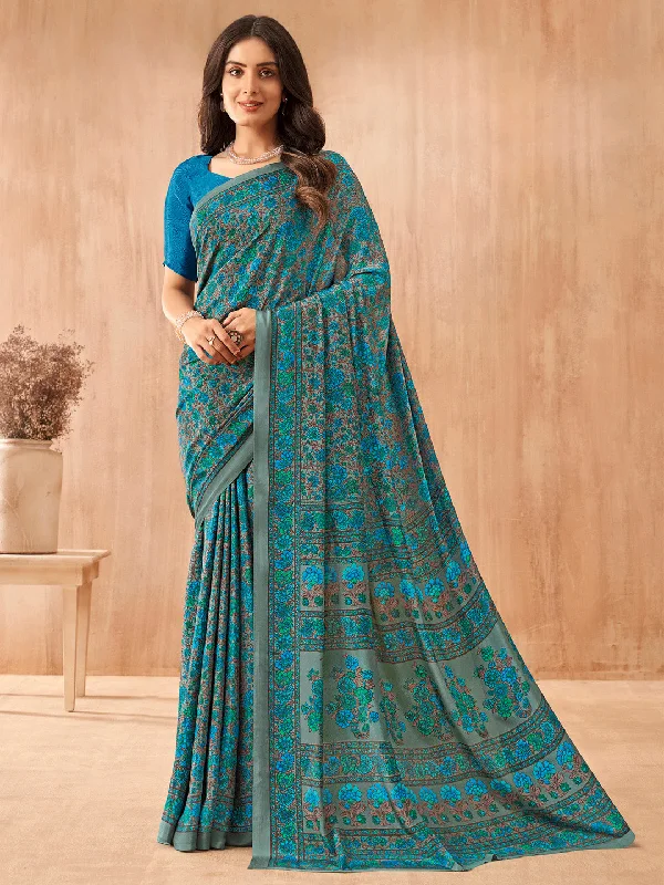 Women's Crepe Blue Printed Designer Saree With Blouse Piece Floral Print Blouse