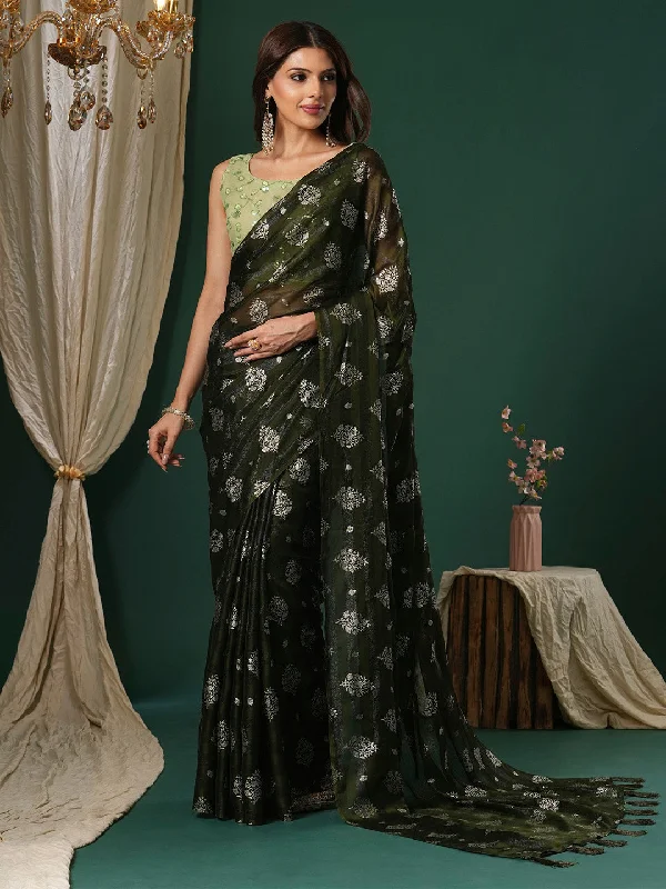 Women's Chiffon Light Green Printed Designer Saree With Blouse Piece Lightweight Tunic Blouse
