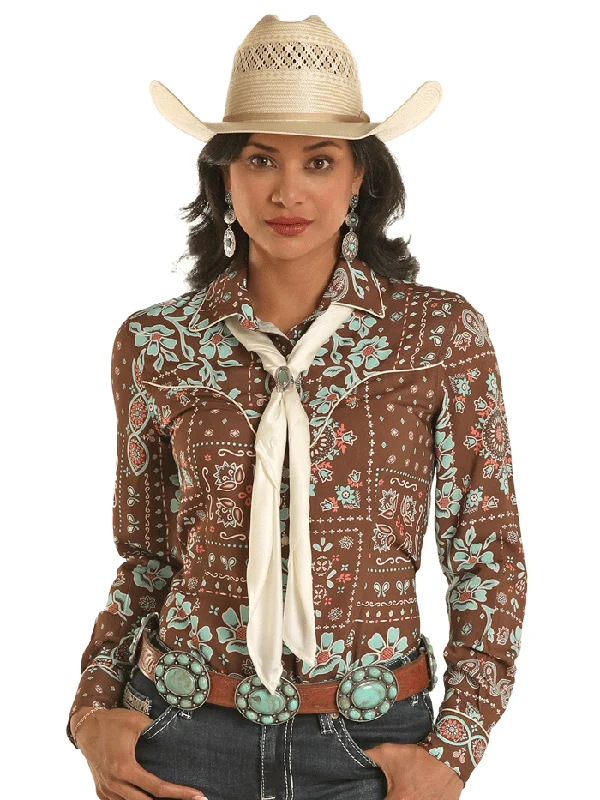 Panhandle LWN2S03391 Womens Bandana Snap Retro With Ascot Shirt Brown-- Satin Blend Silk Blend Wool Blend