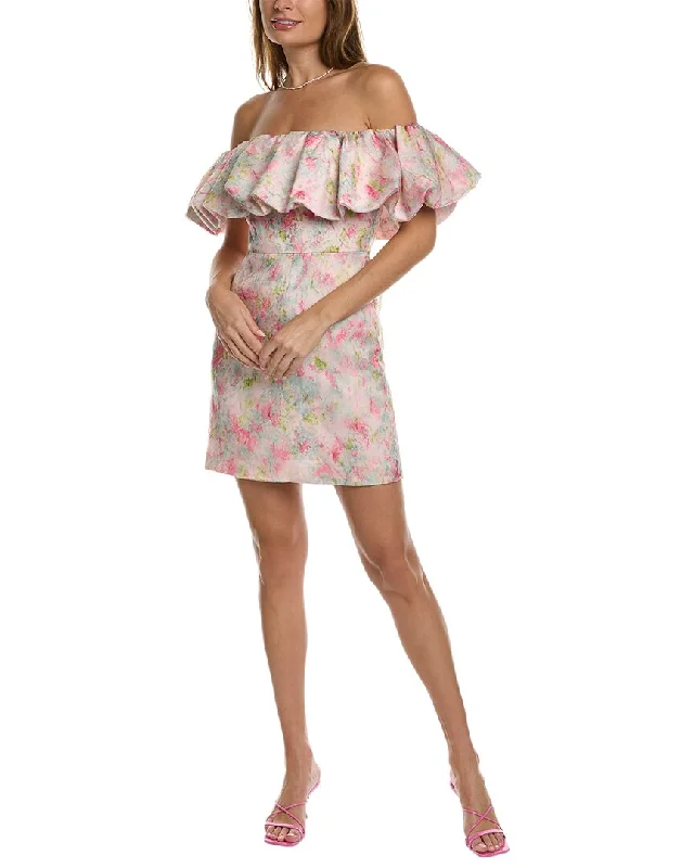 Ml Monique Lhuillier Off-The-Shoulder Mini Dress Stylish Floral Print Mini Dress