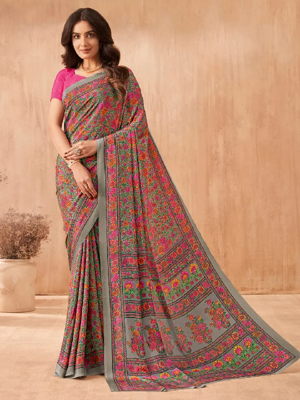 Women's Crepe Pink Printed Designer Saree With Blouse Piece Soft Satin Blouse