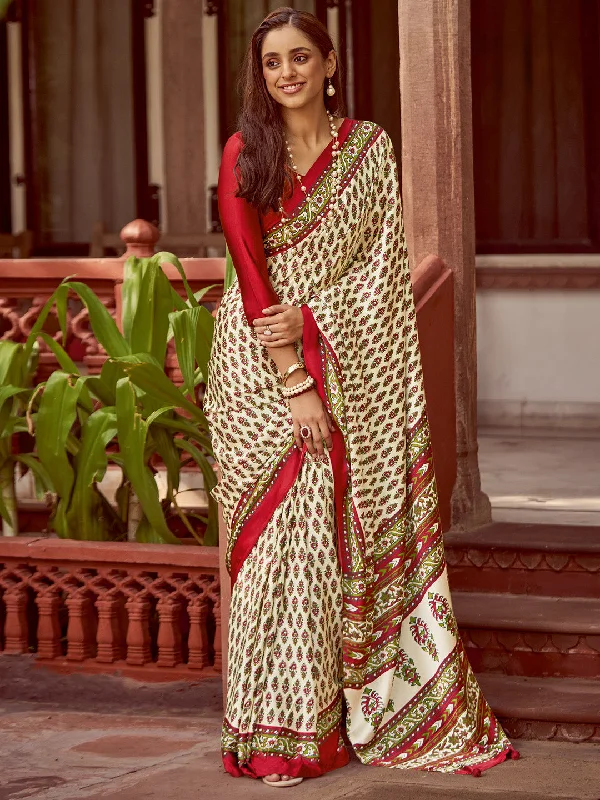 Women's Crepe Red Printed Designer Saree With Blouse Piece Soft Modal Blouse