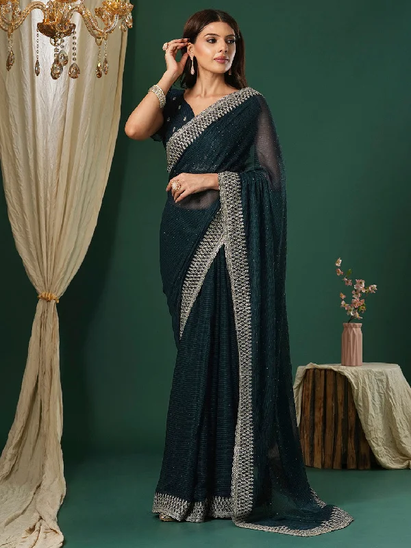 Women's Georgette Teal blue Embroidered Designer Saree With Blouse Piece Double Button Blouse