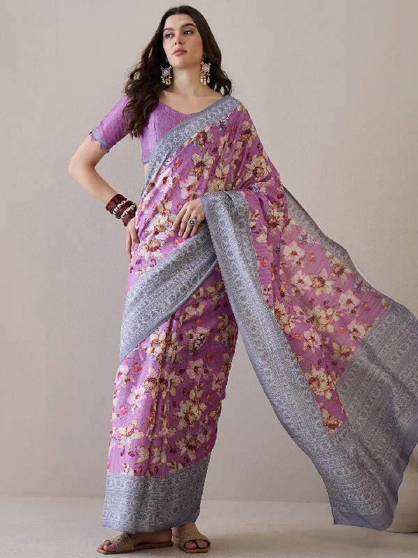 Women's Silk Blend Mauve Printed Designer Saree With Blouse Piece Feminine Tie Blouse