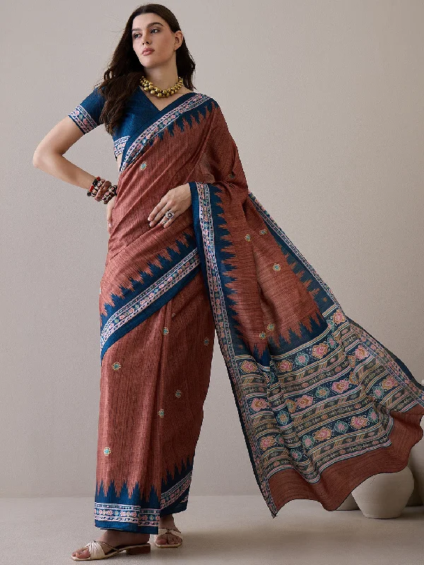 Women's Silk Blend Teal blue Printed Designer Saree With Blouse Piece Relaxed Fit Blouse