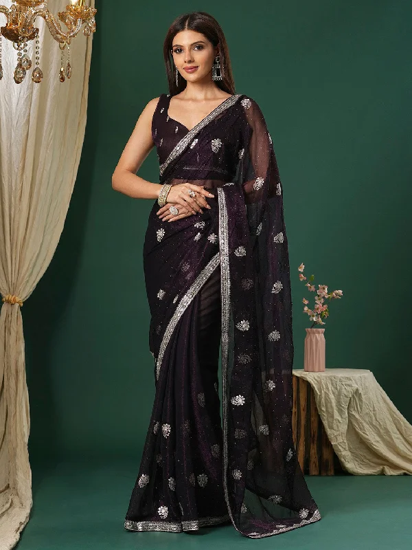 Women's Georgette Purple Embroidered Designer Saree With Blouse Piece Peter Pan Collar Blouse