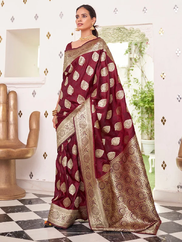 Women's Satin Silk Maroon Woven Design Designer Saree With Blouse Piece Airy Cotton Blouse