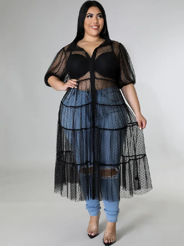 Mesh Short Sleeve Polka Dot Long Shirt-- Chenille Brocade Lace