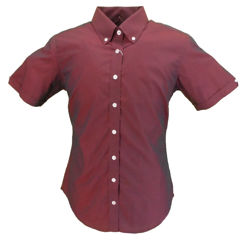 Relco Ladies Burgundy Black Tonic Button Down Short Sleeved Shirts-- Chenille Blend Fleece Blend Nylon Blend
