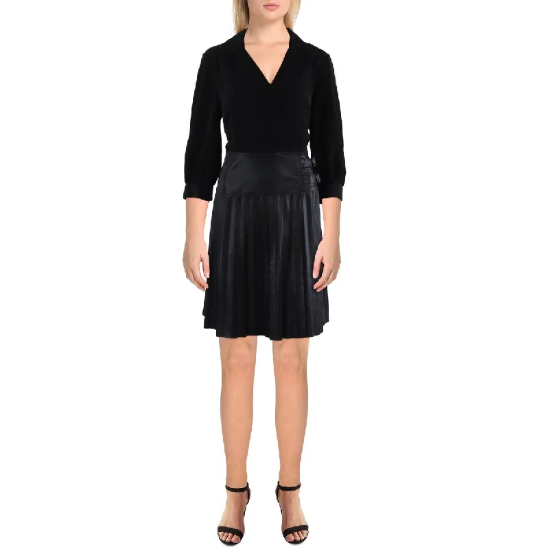 Womens Faux Leather Shutter Pleat Mini Dress Trendy Off-Shoulder Dress Mini