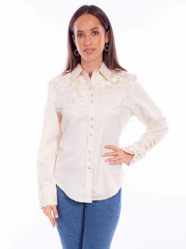 Scully PL-654-IVO Womens Floral Tooled Embroidery Western Shirt Ivory-- Handmade Hand-knitted Hand-woven