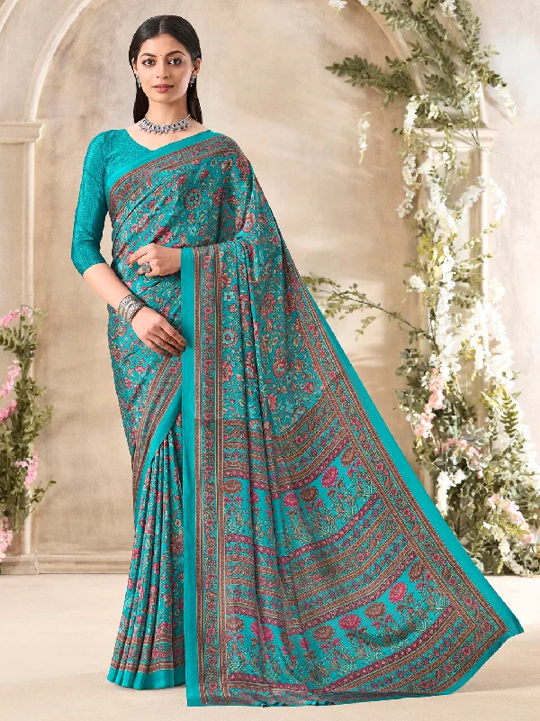 Women's Crepe Light Blue Printed Designer Saree With Blouse Piece Stylish Wrap Blouse