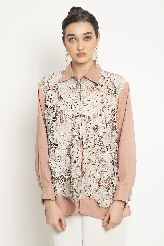 Peony Shirt in Taupe Peach-- Notch Collar Peter Pan Collar Cowl Neck