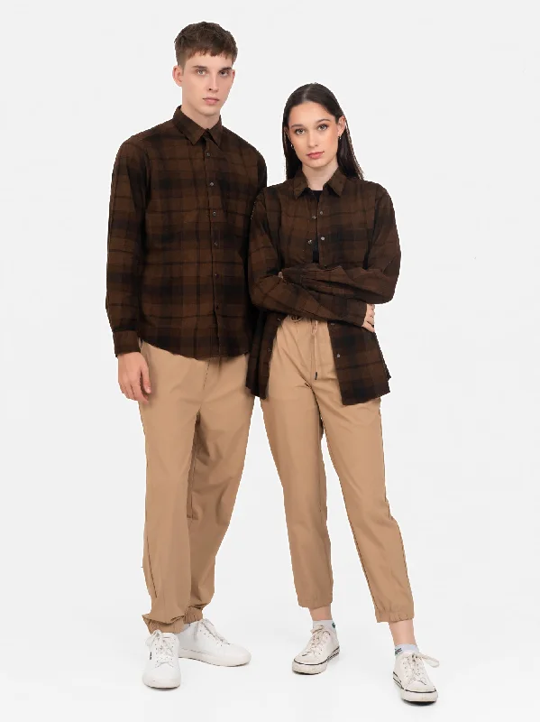 DEEDAT Long Sleeve Check Casual Shirt - Khaki-- Collared Crew Neck Turtle Neck